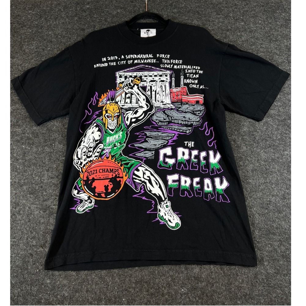 Vintage Warren Lotas Milwaukee Bucks 2021 Champs The Greek Freak T-Shirt Black M